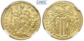Roma, Benedetto XIV, Zecchino 1744, Au mm 22 di insolita qualità, in Slab NGC MS64 (secondo Best Grade of NGC)