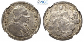 Roma, Benedetto XIV, Doppio Giulio o Quinto di Scudo 1755 anno XV, Ag mm 27 in Slab NGC AU58
