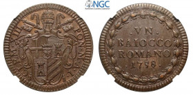 Roma, Clemente XIII, Baiocco 1758 anno I, conservazione inusuale per il tipo, con riflessi rossi, Cu mm 33 in Slab NGC MS63 BN (secondo Best Grade of ...