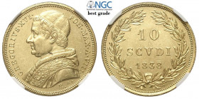 Roma, Gregorio XVI, 10 Scudi 1838 anno VIII, Rara Au mm 28 in Slab NGC MS61 (Best Grade of NGC)