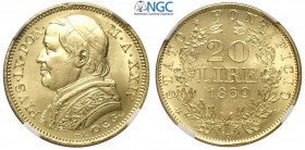 Roma, Pio IX, 20 Lire 1869 anno XXIV, Au mm 22 conservazione eccezionale come appena coniata, in Slab NGC MS66