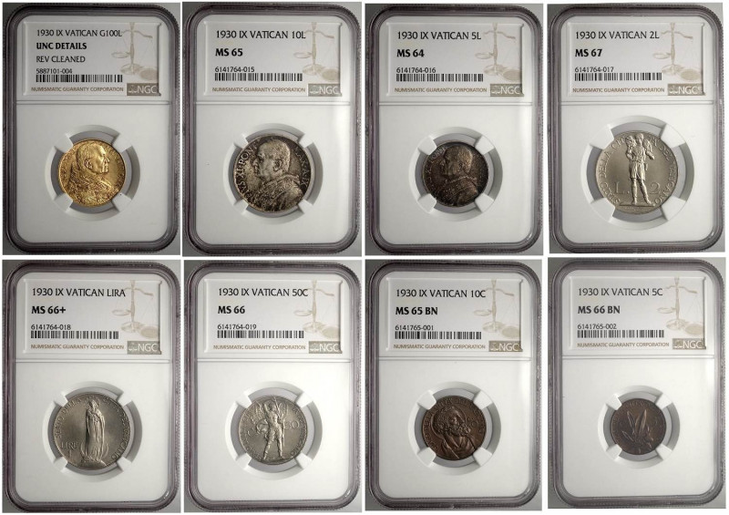 Vaticano, Pio XI, Serie 1930 (9) con oro tutta in Slab NGC: 100 Lire UNC-rev cle...