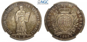 San Marino, Vecchia Monetazione, 5 Lire 1898, Ag mm 37 ottimo esemplare con bellissima patina, in Slab NGC MS63