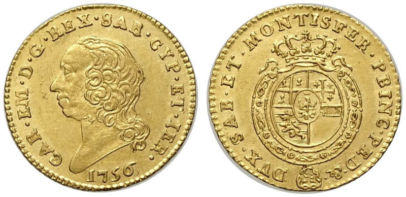 Savoia, Carlo Emanuele III, Mezza Doppia nuova 1756, Rara Au mm 22 ottimo esempl...