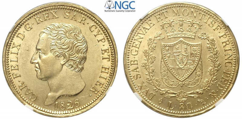Savoia, Carlo Felice, 80 Lire 1826 Torino, Au mm 33 conservazione inusuale per q...