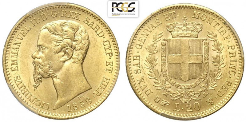 Savoia, Vittorio Emanuele II Re di Sardegna, 20 Lire 1858 Torino, RR Au mm 21 al...