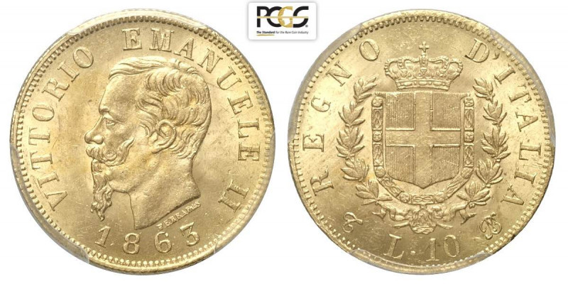 Regno d'Italia, Vittorio Emanuele II, 10 Lire 1863-T, Au mm 18,5 in Slab PCGS MS...