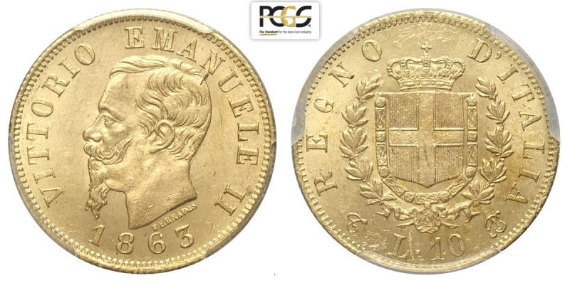 Regno d'Italia, Vittorio Emanuele II, 10 Lire 1863-T, Au mm 18,5 in Slab PCGS MS...