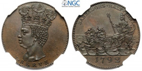 Barbados, Commonwealth, 1/2 Penny 1792 Copper Restrike, KM-Tn9 Cu mm 26 in Slab NGC PF65 BN