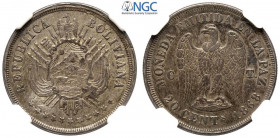 Bolivia, Republic, Silver Pattern 20 Centavos 1868-CT, Ag mm 24 in Slab NGC AU58