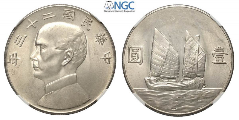 China, Republic, Dollar (Yuan) year 23 (1934), L&M-110 Ag mm 39 in Slab NGC UNC-...