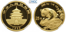 China, People's Republic, 25 Yuan Panda 1999 Large date serif 1, KM-1219 Au mm 22 in Slab NGC MS69
