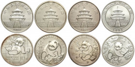 China, People's Republic, Lot of 4 coins of 1 OZ Silver 10 Yuan Panda: 1989, 1990, 1991, 1992