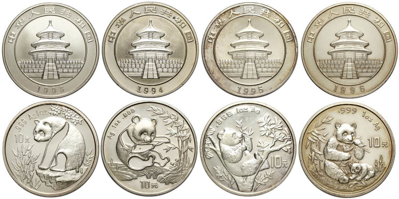 China, People's Republic, Lot of 4 coins of 1 OZ Silver 10 Yuan Panda: 1993, 199...