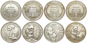 China, People's Republic, Lot of 4 coins of 1 OZ Silver 10 Yuan Panda: 1993, 1994, 1995, 1996