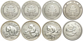 China, People's Republic, Lot of 4 coins of 1 OZ Silver 10 Yuan Panda: 1997, 1998, 1999, 2000 (rare)