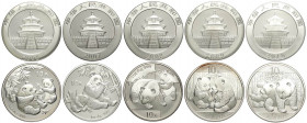 China, People's Republic, Lot of 5 coins of 1 OZ Silver 10 Yuan Panda: 2006, 2007, 2008, 2009, 2010