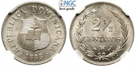 Dominican Republic, Decimal Coinage, 2,5 Centavos 1888-A small date, KM-7.2 Ni mm 18 in Slab NGC MS65 (best grade of NGC)