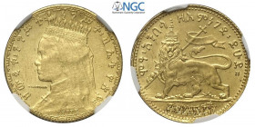 Ethiopia, Zauditu, Gold Pattern Werk (1/8 Birr) EE1917 (1925), Effaced denomination, KM-X3.1 Gill-Y21, Au mm 20 in slab NGC AU55
