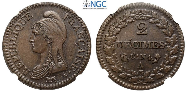 France, First Republic, 2 Decimes L'AN 4-A (1795-1796), Cu mm 31 in Slab NGC AU5...