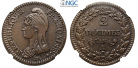 France, First Republic, 2 Decimes L'AN 4-A (1795-1796), Cu mm 31 in Slab NGC AU58 BN