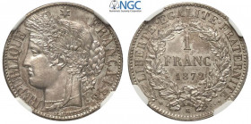 France, Modern Republic, Franc 1872-K small K, Bordeaux, Ag mm 23 in Slab NGC UNC-cleaned