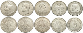 Germany, Lot of 5 coins of 5 mark: 1901 (BB-SPL), 1913-D (BB-SPL), 1914-A (BB-SPL), 1928-A (BB-SPL), 1929-A (BB)