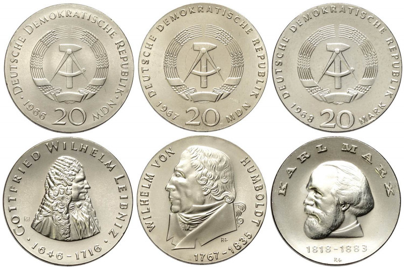 Germany DDR, 20 Silver Mark: 1966 (KM-16.1), 1967 (KM-18.1), 1968 (KM-21). Lotto...