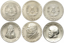 Germany DDR, 20 Silver Mark: 1966 (KM-16.1), 1967 (KM-18.1), 1968 (KM-21). Lotto di 3 monete FDC