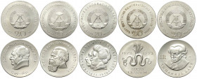 Germany DDR, 20 Silver Mark: 1969 (KM-25), 1970 (KM-28), 1971 (KM-32), 1972 (KM-41), 1974 (KM-53). Lotto di 5 monete FDC