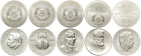 Germany DDR, 10 Silver Mark: 1975 (KM-57), 1977 (KM-65), 1978 (KM-69), 1979 (KM-73), 1981 (KM-81). Lotto di 5 monete FDC