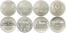 Germany DDR, 10 Silver Mark: 1985 (KM-101), 1985 (KM-107), 1986 (KM-113), 1987 (KM-118). Lotto di 4 monete FDC