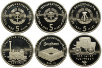 Germany DDR, 5 Proof Mark: 1988 (KM-120), 1990 (KM-134), 1990 (KM-135). Lotto di 3 monete Proof