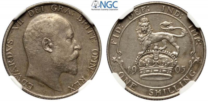 Great Britain, Edward VII, Shilling 1905, Ag mm 23.5 in Slab NGC AU-cleaned