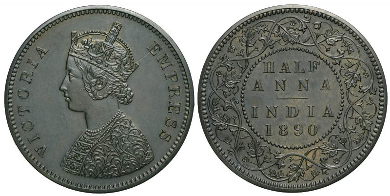 India-British, Victoria, 1/2 Anna 1890 (c) Proof Restrike, Cu mm 31 minimi graff...