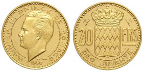 Monaco, Rainier III, 20 Francs 1950 gold Essai, Au mm 23 g 14,50 Prooflike