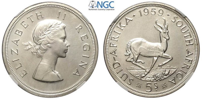 South Africa, Elizabeth II, 5 Shillings 1959 Prooflike, Ag mm 38.8 in Slab NGC P...