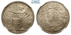 Switzerland, Confederation, 5 Francs 1874-B, dot after B, Ag mm 37 bellissima patina e alta conservazione, in Slab NGC MS63