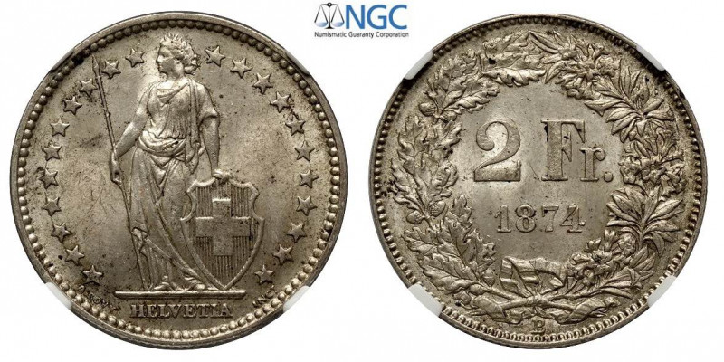 Switzerland, Confederation, 2 Francs 1874-B, Ag mm 27 alta conservazione, in Sla...