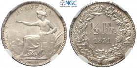 Switzerland, Confederation, 1/2 Franc 1851-A, Ag mm 18 alta conservazione, in Slab NGC MS63
