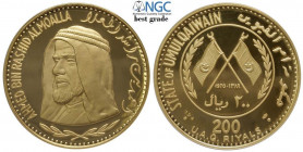 Umm Al Qaiwain, United Arab Emirates, 200 Riyals AH1389 1970, Au mm 50, in perfect condition without marks or scratches, in Slab NGC PF69 Ultra Cameo ...