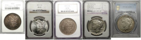 United States of America, Lot of 5 x One Dollar: 1878 (Anacs MS62), 1889-S (NGC MS63), 1894-O (NGC AU50), 1921 High Relief (NGC VF-Rim damage, cleaned...