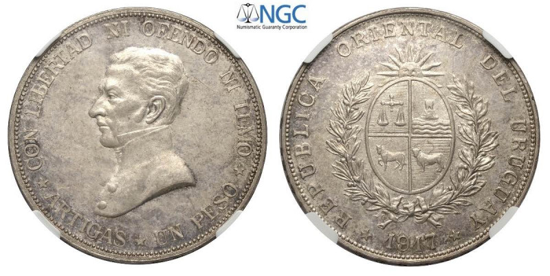 Uruguay, Republic, Peso 1917, Ag mm 37 in Slab NGC AU58