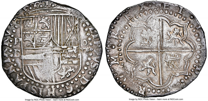 Philip II Cob 8 Reales ND (1581-1586) P-B AU53 NGC, Potosi mint, KM0005.1, Cal-6...