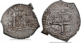 Philip IV Cob Real 1652 P-E AU55 NGC, Potosi mint, KM-A13.4, Cal-749. 3.52gm. "P-I-IIII" variety. Transitional type. A high grade for the issue, prese...
