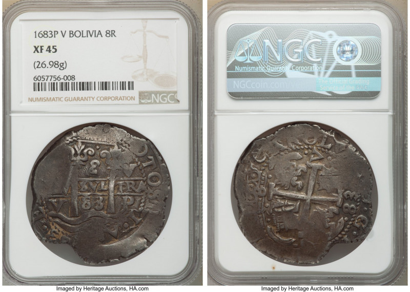 Charles II Cob 8 Reales 1683 P-V XF45 NGC, Potosi mint, KM26, Cal-721. 26.98gm. ...