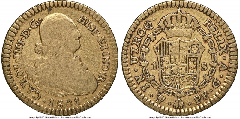 Charles IV gold Escudo 1801 PTS-PP VF25 NGC, Potosi mint, KM78, Cal-1187. Modera...