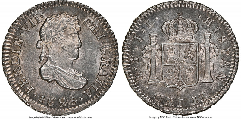 Ferdinand VII 1/2 Real 1825 PTS-JL MS65 NGC, Potosi mint, KM90, Cal-442. The las...