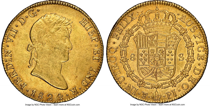 Ferdinand VII gold 8 Escudos 1824 PTS-PJ AU55 NGC, Potosi mint, KM91, Cal-1828. ...