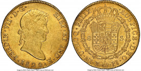 Ferdinand VII gold 8 Escudos 1824 PTS-PJ AU55 NGC, Potosi mint, KM91, Cal-1828. The last colonial 8 Escudos from the Potosi mint, showing well-rendere...